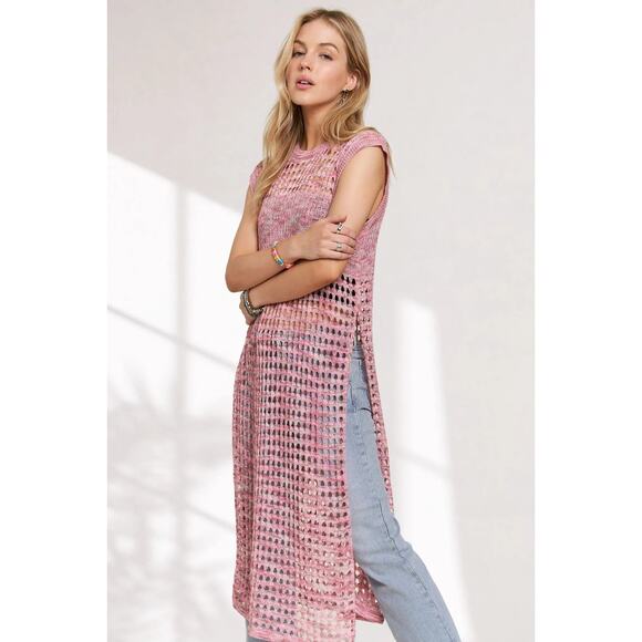 ADORA Multi Color Sleeveless Round Neck Side Slit Crochet Tunic Top | Pink - Picture 2 of 6